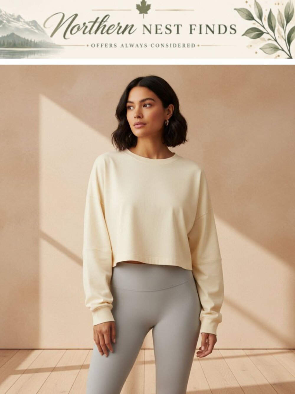 Womens Cropped Sweatshirt Long Sleeve Crewneck Loose Fit Workout Top